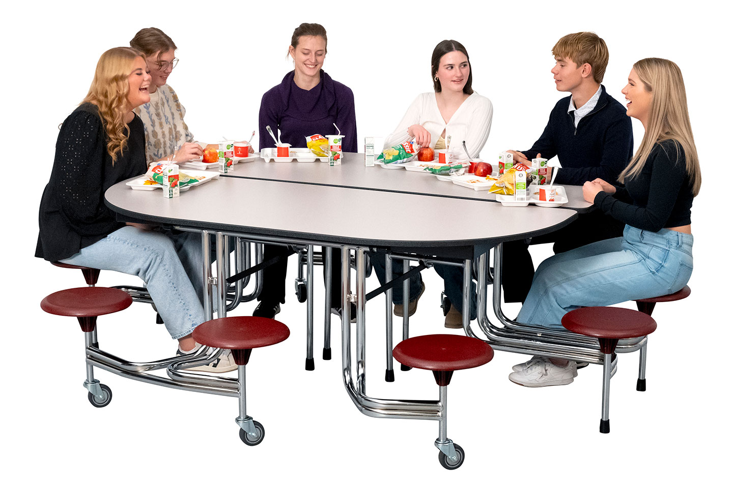 10 Seat Oval Table with high school students conversing over lunch