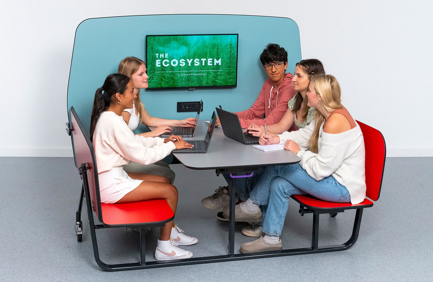 FBT Fold & Roll Booth with high partition, monitor, students